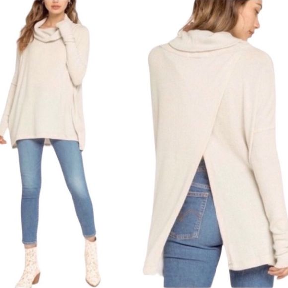 Free People Juicy Cowl Neck Split Back Thermal Knit Top Tunic Oversize Stretch - Picture 1 of 8